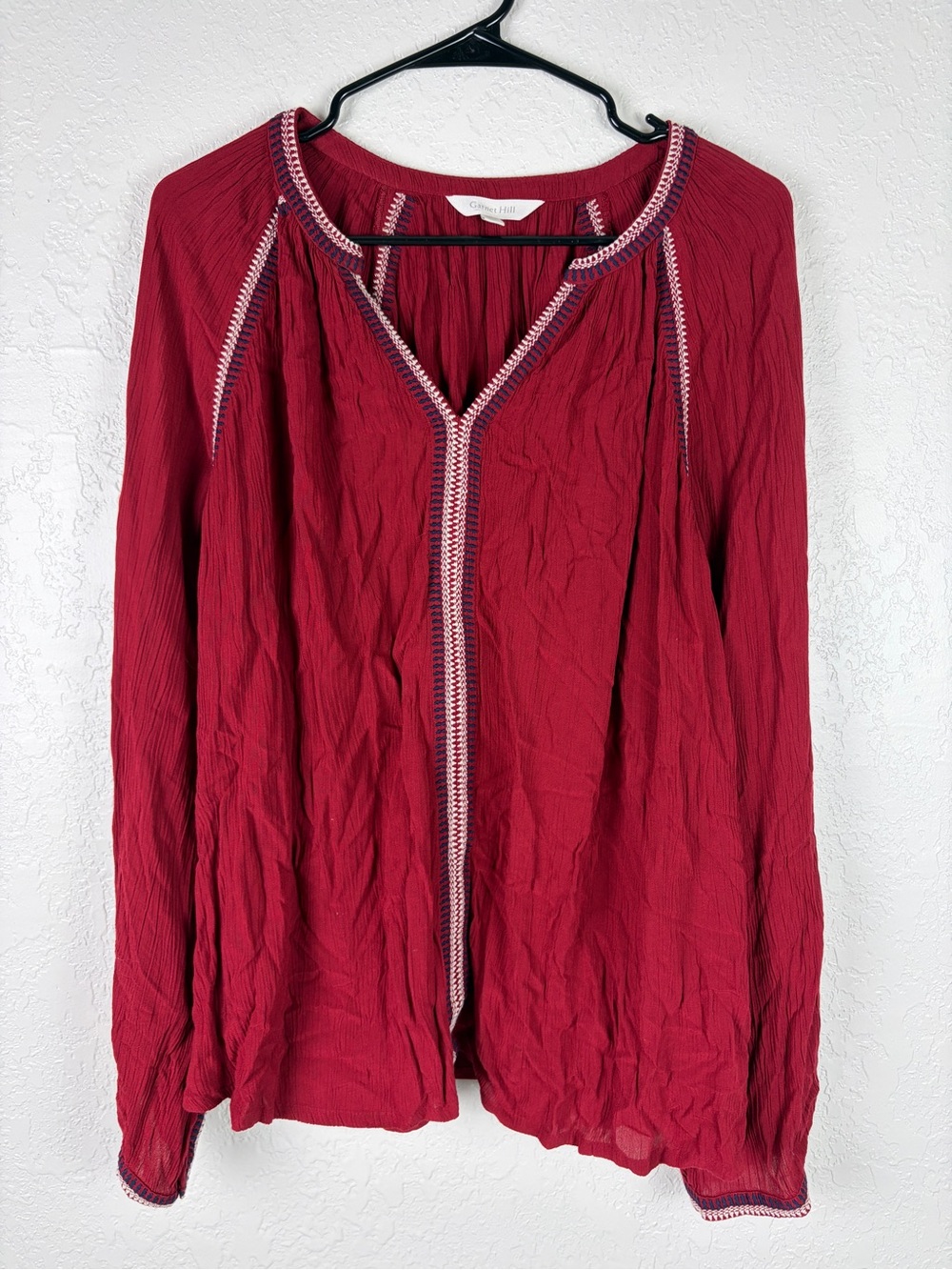 Garnet Hill Ember Embroidered Peasant Boho Tunic Top Sz Large Red